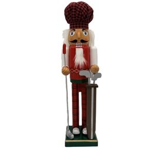 Nutcracker Golfer Golf Clubs Bag Red Black Christmas Plaid Fabric Hat Wood 15"